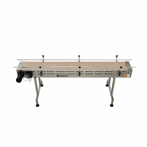 Heavy Duty 6 Foot Stainless Steel Conveyor Belt With Variable Speed Drive And 12 Inch Acetal Plastic Track For Fast Warehouse Moves, top view.