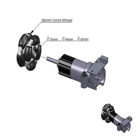 Omni wheel assembly, 38mm (1.5 in) diameter with six roller segments, mounted to a robotic motor hub