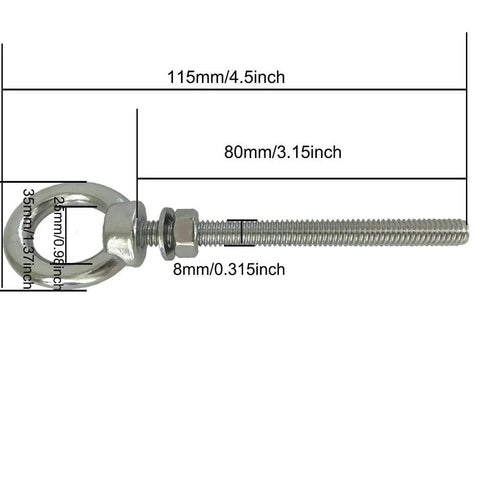 Heavy Duty Stainless Steel Eye Bolt Set, M8 Shoulder Eyebolt, Five Sixteenth Inch By Three Point One Five Inch, Two Pack With Nuts And Washer