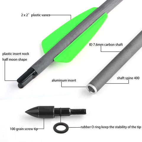 15 Inch Carbon Crossbow Bolts With 100 Grain Removable Tips And Moon Nocks, showing shaft, nock, vanes, and tip components.