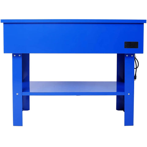 Heavy Duty 40 Gallon Parts Washer With Removable Shelf Packs A 24 Gallon Solvent Tank, blue steel design with lower shelf.