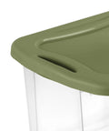 Close-up of Heavy Duty 2 Pack 40 Quart Clear Plastic Storage Bins Stackable Totes With Secure Snap Lids.