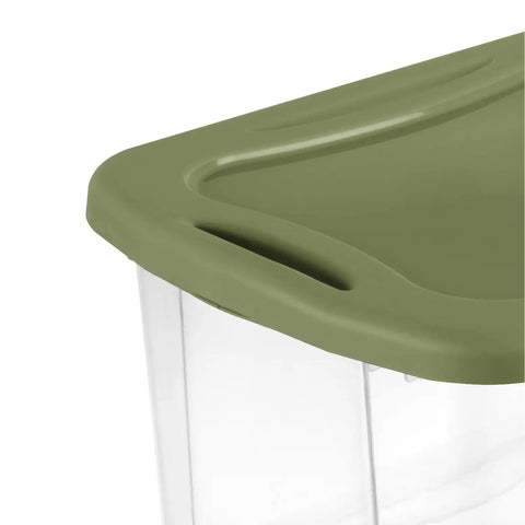 Close-up of Heavy Duty 2 Pack 40 Quart Clear Plastic Storage Bins Stackable Totes With Secure Snap Lids.