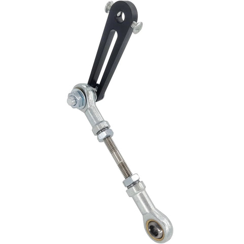 JQDML rocker arm for reciprocating linear actuators, black lever with silver mounting hardware and 8mm shaft hole.