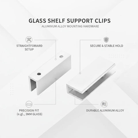 Rock-Solid Glass Shelf Clips, Aluminum Alloy Mounting Hardware, low-profile support, precision fit, secure hold