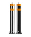 Hella Sturdy Heavy Duty Stainless Steel Safety Bollards 2 Pack Removable Parking Barrier Posts with orange reflective strips.