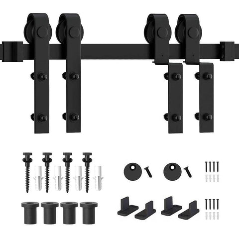 Beefy Heavy Duty Sliding Barn Door Hardware Kit For Double Doors Quiet Stable Monorail Rail System Bypass Sliding Kit With Carbon Steel Rails And Stainless Steel Bearings Load Capacity 150 Kilograms, shown in components.