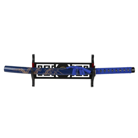All Black Velvet Padded Katana Wall Mount Rack One Tier Sword Display Stand with blue samurai wakizashi hanger