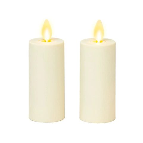 Realistic Moving Flame Votive Candles Set Of 2 With Moving Flame LED Battery Powered Lights For Christmas And Halloween Remote Ready Remote Sold Separately Ivory 1.5 Inch By 4 Inch in ivory color, glowing with LED flame.