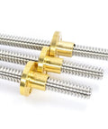 Top Shelf T16 Lead Screw Paired With Beefy Brass Nut For 3D Printers And Cnc Rigs, three smooth stainless steel rods with brass nuts.
