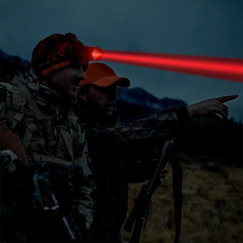 Hunters wearing Red LED Hunting Headlamp With Rechargeable Battery, Waterproof Zoomable Head Torch, 1000 Lumen Night Predator Light