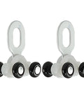 Heavy Duty Double Row Curtain Track Rollers In Bright White Including 200 Pieces For Smooth As Butter Gliding And Noise Free Ceiling Installation That Guarantees Slick Performance Daily. Close-up view of two bright white curtain track rollers with black wheels.