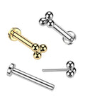 Gold PVD Titanium Threadless Push In Triple Ball Cluster Flat Back Ear Stud For 16 20 Gauge 6mm Or 8mm Bar Length 3mm Balls Implant Grade ASTM F 136 Body Jewelry shown in gold and silver
