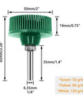 Green bristle disc from Six Pack Two Inch Bristle Disc Set With One Quarter Inch Shank Grit 50 80 120 For Metal Deburring Blending Finishing