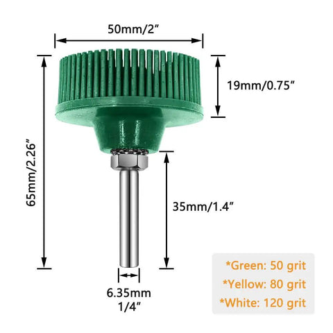 Green bristle disc from Six Pack Two Inch Bristle Disc Set With One Quarter Inch Shank Grit 50 80 120 For Metal Deburring Blending Finishing