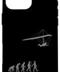 Dope Hang Glider Art IPhone 16 Pro Max Case For Men And Women Who Live For Hang Gliding Gift Idea For Birthday Christmas Outdoor Flyers And Aviation Fans featuring evolution to hang gliding silhouette on black case.