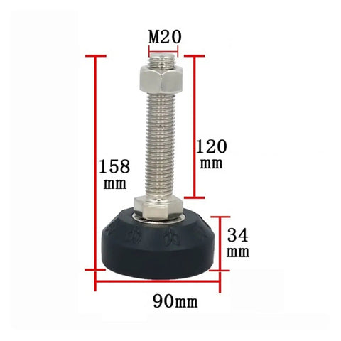 Heavy Duty Adjustable Leveling Feet Set Of 8 With Rotating Bases To Keep Workbenches Dead Center While Handling Rough Tasks No Sweat And Protecting Your Shop Floors, showing dimensions 158mm tall, 90mm base.