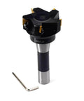 Indexable end mill with R8 shank, 3-inch cutter diameter, 6-inch overall length, 5-flute carbide inserts; hex key included