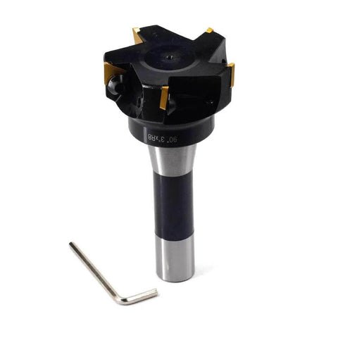 Indexable end mill with R8 shank, 3-inch cutter diameter, 6-inch overall length, 5-flute carbide inserts; hex key included