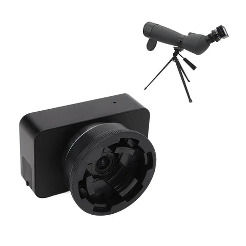 4K HD Eyepiece Camera For Telescopes With 3 Inch LCD Display And 5X Digital Zoom beside a telescope on a tripod.
