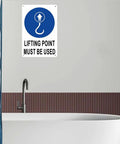 Aluminum Lifting Point Safety Sign 8x12 Inches Durable Industrial Marker on wall, blue circle with lifting hook icon.
