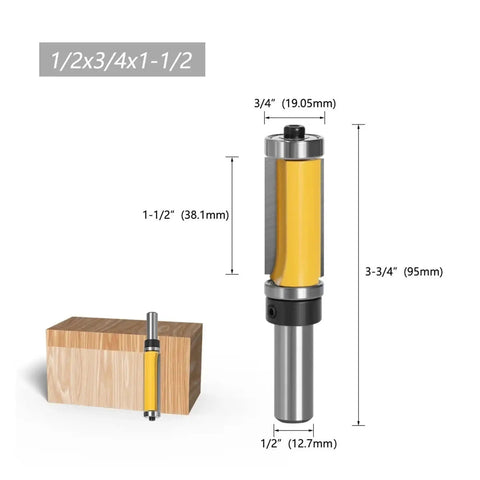 Top And Bottom Bearing Flush Trim Router Bit Set For Smoother Edges And Perfect Cuts With 1/2In Or 12mm Shank Options To Handle Any Woodwork Project Like A Pro Now, showing dimensions and design.