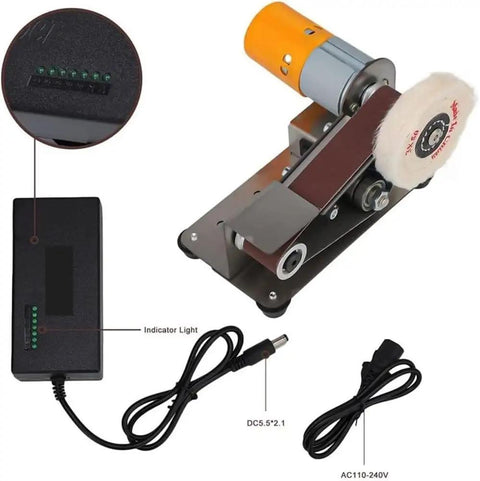Stainless Steel Electric Belt Sander Grinder Machine With Adjustable Work Table Shockproof Feet For Abrasive Polishing Knife Making DIY Projects Versatile Desktop Polishing Tool showing motor, sanding belt, and power unit.