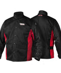 Front and back view of Grain Leather Sleeves Welding Jacket With Premium Flame Resistant Cotton Body Black And Red Size Large Tough As Nails Welders Gear Spatter Shield For Pro Grade Protection And All Day Comfort