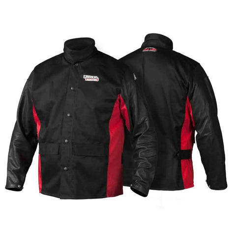 Front and back view of Grain Leather Sleeves Welding Jacket With Premium Flame Resistant Cotton Body Black And Red Size Large Tough As Nails Welders Gear Spatter Shield For Pro Grade Protection And All Day Comfort