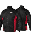 Grain Leather Sleeved Welding Jacket With Premium Flame Resistant Cotton Body For Welders Black And Red XL front and back view