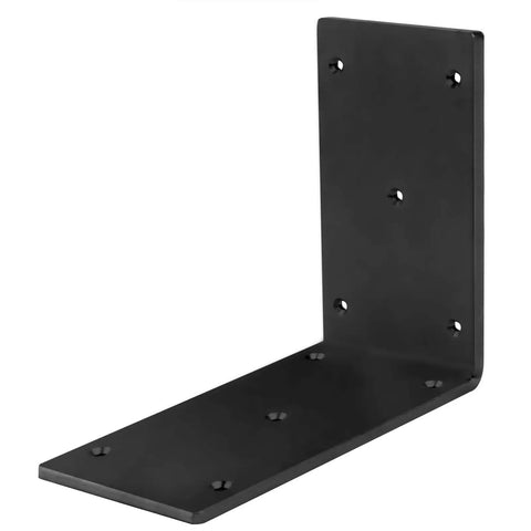 Four Pack 6 Inch By 6 Inch By Two And Three Eighths Inch Heavy Duty Black Steel L Angle Brackets For Pergola Posts 90 Degree Corner Braces Five Thirty Second Inch Thick With Countersunk Holes For Number Nine Screws, showing the side view with black finish and countersunk holes.