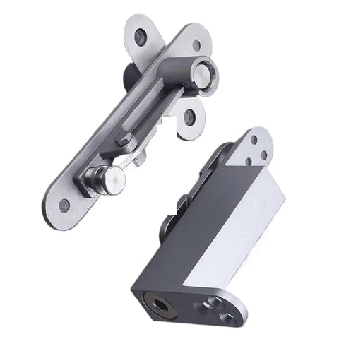 Straight Up Heavy Duty Door Pivot Hinges With Auto Soft Close Function For Completely Invisible Hidden Install and Easy Up or Down Angle Adjustment That Works Like A Charm Every Day, showing steel hinge components.