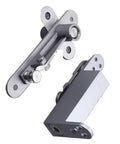 Heavy Duty Soft Close Door Hinges With Invisible Hidden Pivot Setup And Up Down Adjust Mechanism built in silver metal for cabinet use.
