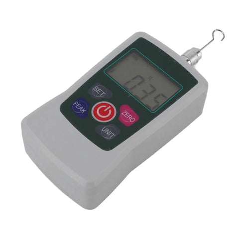 Accurate Digital Force Gauge 1N To 10N Portable Push And Pull Meter For Quality Assurance And Testing With Built In Sensor Delivers Precise Readouts And High Accuracy For QA Checks Material Testing And Quality Control, gray handheld force gauge with hook display
