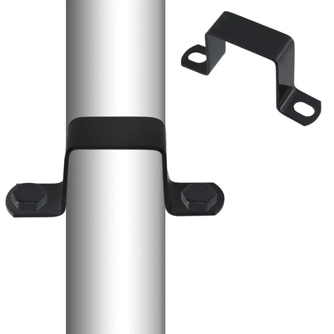 Heavy Duty 304 Stainless Steel Square Tube Clamps 10 Pack attached to a silver pipe, matte black finish for durability.