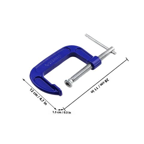 Beefy Heavy Duty 6-Inch G Clamps For Woodworking And Metalworking, blue steel clamp with labeled dimensions, quick-release feature visible.