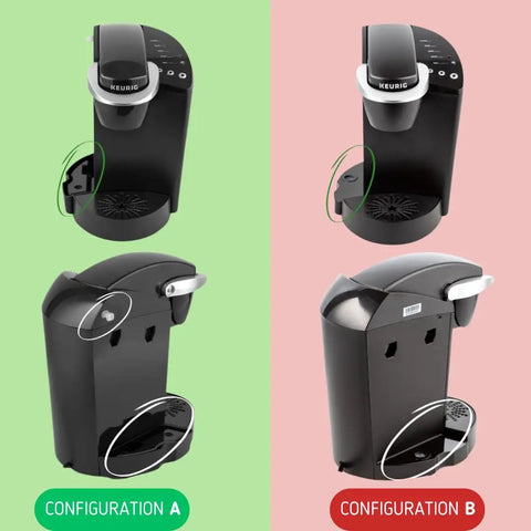 Diagram showing upsized 48 oz replacement water reservoir for classic coffee makers in models A and B with black lid configurations.