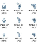90-piece steel grease fittings kit with metric M6/M8/M10 straight and angled zerks (180°, 45°, 90°)