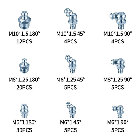 90-piece steel grease fittings kit with metric M6/M8/M10 straight and angled zerks (180°, 45°, 90°)