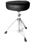 Straight Up Heavy Duty Drum Throne With Motorcycle Style Seat Universal Music Piano Guitar Stool Built For Gig Musicians Adjustable Height Rock Solid Frame In Matte Black, featuring a padded seat and sturdy tripod.
