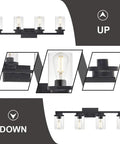 Four Light Vanity Light Fixture In Matte Black With Clear Glass Shades Dope Modern Industrial Wall Sconce showing install angles