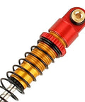 Close-up of red and gold 39mm Aluminum Threaded Adjustable RC Shock Absorber Oil Damper For SCX24 Gladiator C10 JLU Deadbolt B17 Axial 1/24 RC Crawler Upgrade Parts Red With Bladder Seals For Leak Free Performance And Long Lasting Durability