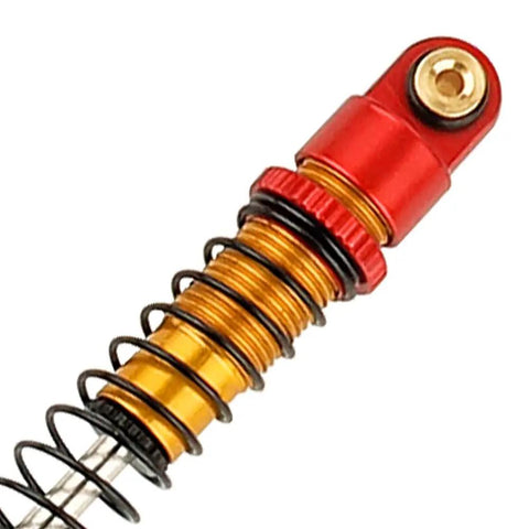 Close-up of red and gold 39mm Aluminum Threaded Adjustable RC Shock Absorber Oil Damper For SCX24 Gladiator C10 JLU Deadbolt B17 Axial 1/24 RC Crawler Upgrade Parts Red With Bladder Seals For Leak Free Performance And Long Lasting Durability