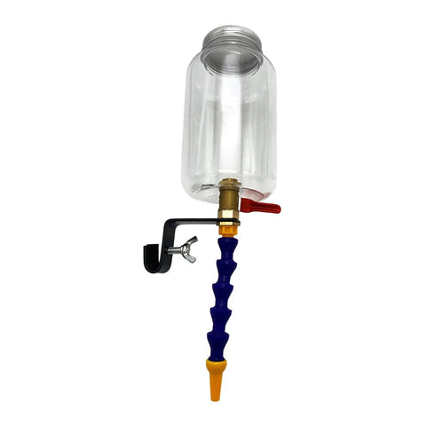 Dust Buster Water Sprayer System with coolant nozzle for angle grinder, includes clear container and adjustable bracket.