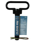 One-Inch Diameter Clevis Pin With Comfort Grip Handle, Heavy-Duty Heat-Treated Grade Eight Steel, Black Powder Coat Finish, Includes Cotter Pin, Lets Connected Parts Rotate Smoothly For Trailer Hitch Assemblies, front view with label