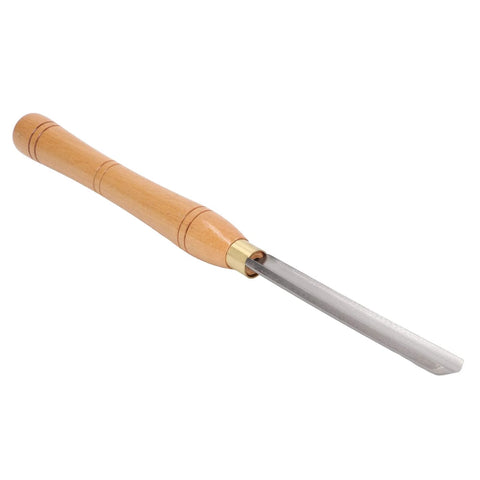 Wood lathe chisel with wooden handle and metal blade, side view