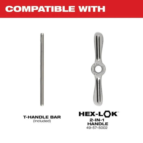 For Milwaukee Tool 49-57-5001 Tap Collet Plus Handle Bar Kit showing T-handle bar and Hex-Lok handle, accessories for precise threading.