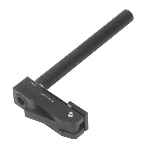 Close-up of Heavy Duty Adjustable Bench Dog Clamp with Quick Acting Hold Down for 19mm Benchtop Holes, stainless steel and aluminum build.