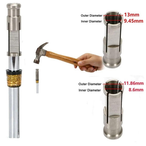 Pro Grade Golf Club Ferrule Installation Tool For Wood Shaft Quick Knockdown And Secure Fit DIY Workshop Essential Heavy Duty Universal Ferrule Installer For Golf Club Shaft That Delivers Easy Precision Fit Silver with dimensions shown.