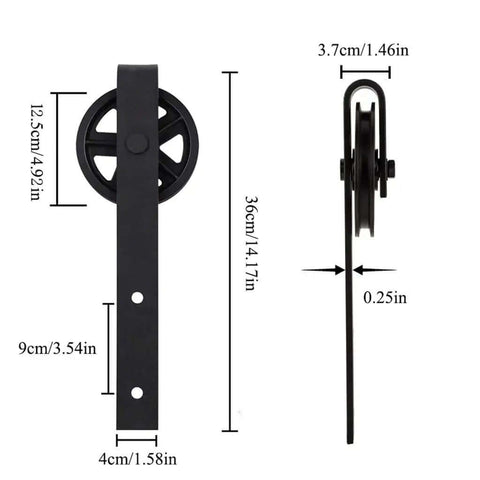 Black Steel Sliding Barn Door Hardware Kit With Big Rollers, shown with dimensions, durable design for DIY installation.